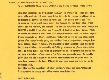 Copie d’une lettre de Vuilleret à Jules Quicherat, membre associé de la Commission - 1861